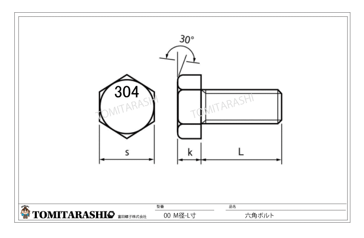 六角ボルト規格表SUS304六角ボルト刻印付き（マーク付き） 