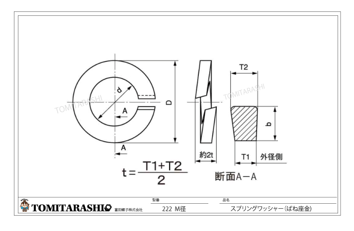 スプリングワッシャーばね座金（SW)2号　規格表　図面型番