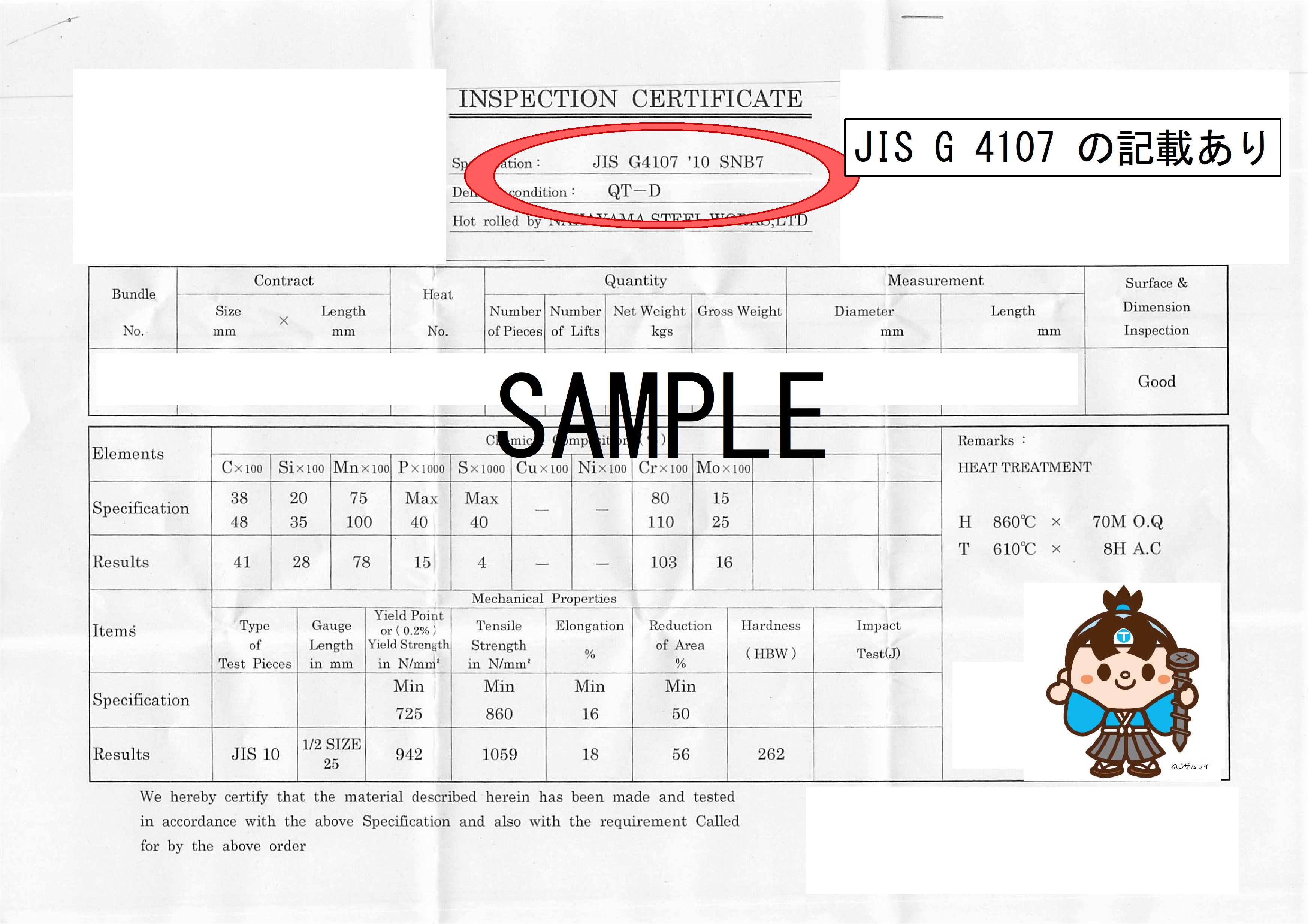 JIS G 4107　SNB　明記のミルシート発行対応可能