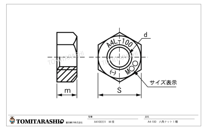 A4-100六角ナット1種SUS316L　図面・規格・ラインナップ