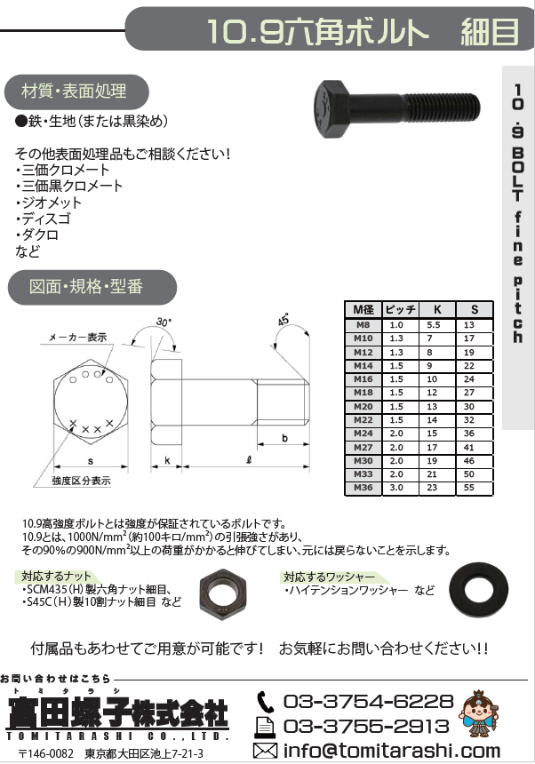 10.9細目　高強度ボルト・強力ボルト規格表